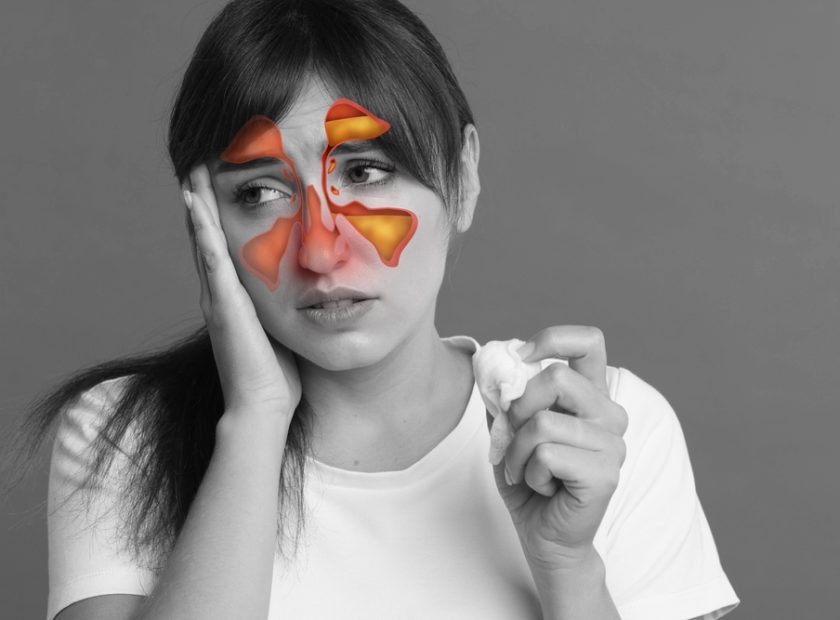 Woman,Suffering,From,Sinusitis,,Black,And,White,Effect.,Illustration,On