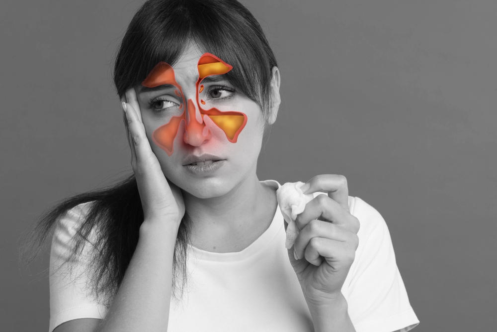 Woman,Suffering,From,Sinusitis,,Black,And,White,Effect.,Illustration,On